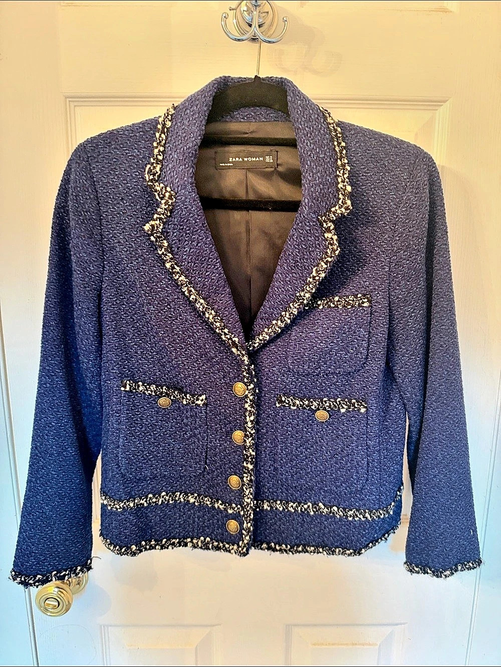 Zara Textured Tweed Blazer with Trim Blue Medium NWT